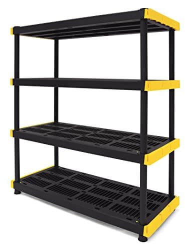 CX Black & Yellow, 4-Tier Heavy Duty Plastic Storage Shelving Unit, 200lbs/shelf (55”H x 48”W x 20”D), for Indoor/Outdoor Organization, Modular Rack