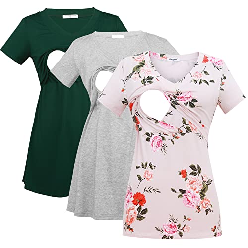 Bearsland Womens 3 Packs V Neck Nursing Tops Maternity Breastfeeding Tee Shirts,dpgreen+LtGray+newpinkf,L