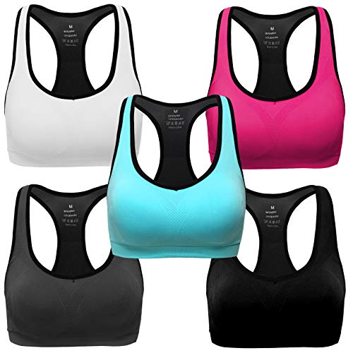 MIRITY Women Racerback Sports Bras - High Impact Workout Gym Activewear Bra Color Black Grey Blue Hotpink White Pack of 5 Size 3XL