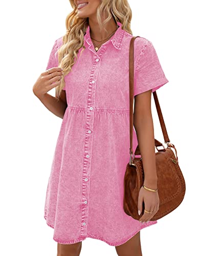 LookbookStore Pink Dresses for Women Valentines Day Pink Dress 2024 Summer Short Jean Dress Casual Short Sleeves Babydoll Denim Dress for Women Size M