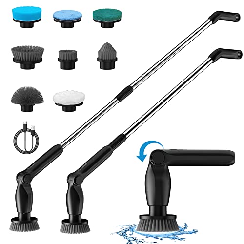 Leebein Electric Spin Scrubber, Cordless Cleaning Brush with 8 Replaceable Brush Heads, Adjustable Extension Handle, 2 Speeds & Remote Control, Power Scrubber for Cleaning Bathroom, Shower, Tub, Floor