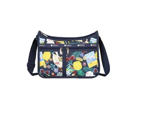 LeSportsac Summertime Things Deluxe Everyday Crossbody Bag + Cosmetic Bag, Style 7507/Color E624, Whimsical Summertime Motifs: Seashells, Beaches, Flamingos, Sunglasses, Cocktails, Pineapples & more