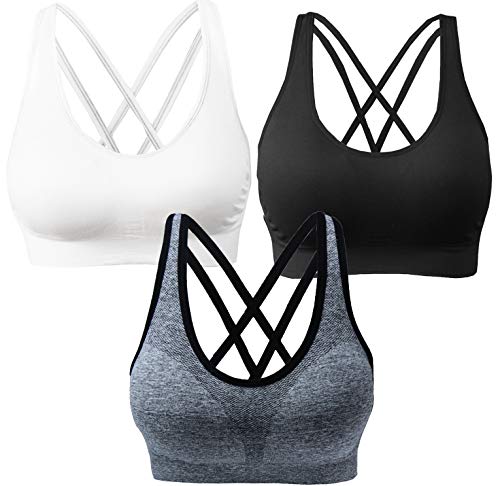 AKAMC Women's Medium Support Cross Back Wirefree Removable Cups Yoga Sport Bras, Pack of 3, Black/White/Grey,XXX-Large