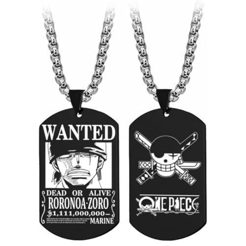 GSADWLI Anime One Piece Wanted Poster Pendant Necklace Titanium Steel Chain Manga Necklaces Dog Tag Jewelry Cosplay Fans Gift (Zoro)