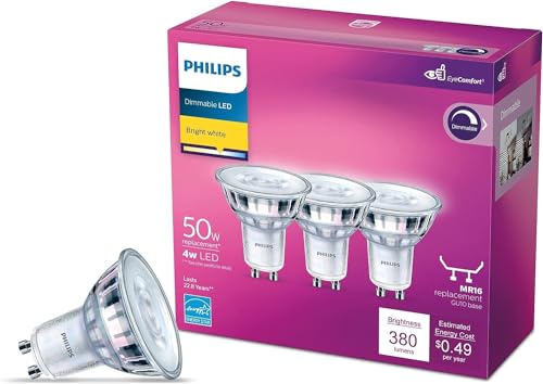 PHILIPS LED Flicker-Free GU10 Bulb, 250 Lumen, Bright White Light (3000K), 3W=35W, Title 20 Certified, 3-Pack