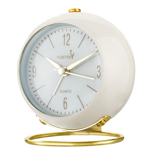 FLOITTUY Silent Table Analog Alarm Clock No Ticking, Lighted on Demand and Battery Operated, Beep Sounds, Small Desk Clock(White)