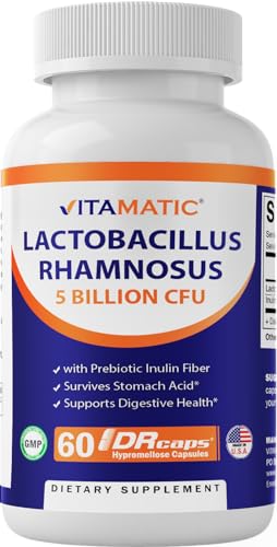 Vitamatic Lactobacillus Rhamnosus 5 Billion per DR Capsule (10 Billion Per 2 Capsules) - 60 Count - Advanced Digestive & Immune Support - Made with Prebiotic Inulin Fiber