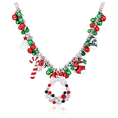 NLCAC Christmas Jingle Bell Necklace Women Christmas Ornament Charm Bib Statement Necklace Xmas Gift Jewelry Girls (Silver)