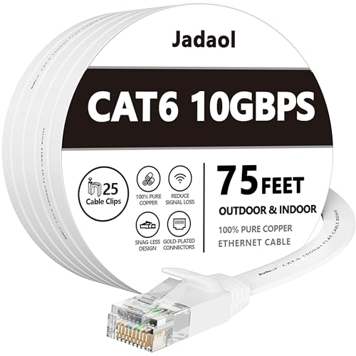 Cat 6 Ethernet Cable 75 ft, Outdoor&Indoor, 10Gbps Support Cat8 Cat7 Network, long Flat Internet LAN Patch Cord, Cat6 Solid High Speed weatherproof Cable for Router, Modem, PS4/5, Xbox, Gaming, White