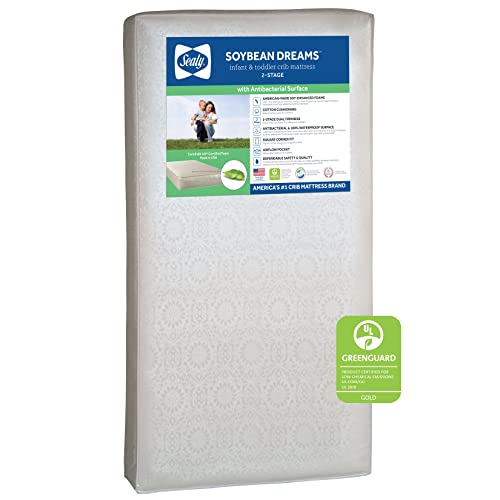 Sealy Soybean Dream Antibacterial 2-Stage Dual Firmness Waterproof Baby Crib Mattress & Toddler Bed Mattress, Extra Firm Plus Memory Foam Crib Mattress, Certified Non-Toxic, Made in USA, 52” x 27.5”