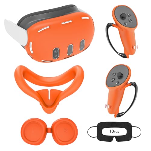 Relohas Deluxe 5 in 1 Silicone Accessories for Meta Quest 3, VR Protective Case Set for Oculus Quest 3, Controller Grip Cover, VR Shell Cover, Face Cover, Gifts for Christmas & Halloween (Orange)