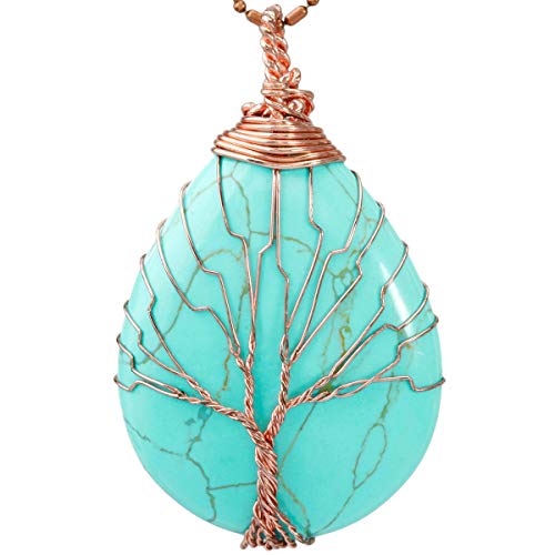 SUNYIK Green Howlite Turquoise Teardrop Tree of Life Pendant Necklace,Handmade Copper Wire Wrapped Jewelry