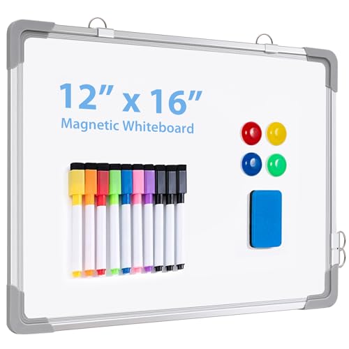 ARCOBIS White Board Dry Erase for Wall, 10 Markers, 4 Magnets, 1 Eraser, 12'x16' Small Magnetic Hanging Double-Sided Whiteboard, Portable White Board for Drawing, Kitchen Grocery List, Planning Memo