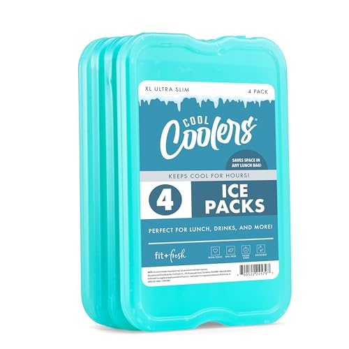 Cool Coolers by Fit & Fresh 4 Pack XL Slim Ice Packs, Quick Freeze Space Saving Reusable Ice Packs for Lunch Boxes or Coolers, Green