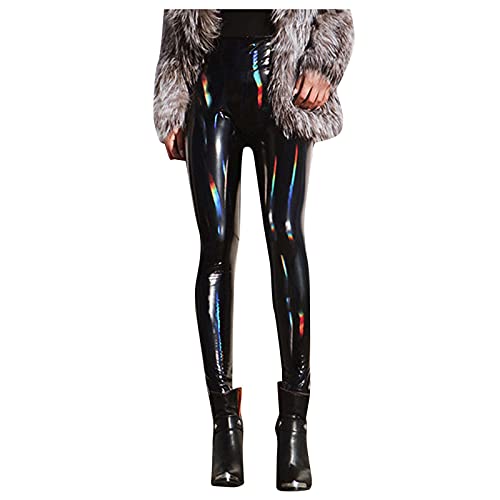 Womens Metallic Shiny Leggings High Waist Faux Leather PU Pants Skinny Latex Pants Sexy Punk Black PU Tight Trousers