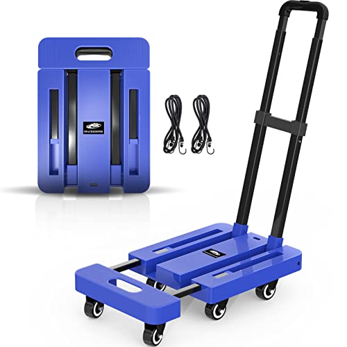 SPACEKEEPER Folding Hand Truck, 500 LB Capacity Luggage Cart, Portable Folding Dolly with 6 Wheels and 2 Elastic Ropes for Luggage, Personal, Travel, Auto, Moving and Office Use, Blue