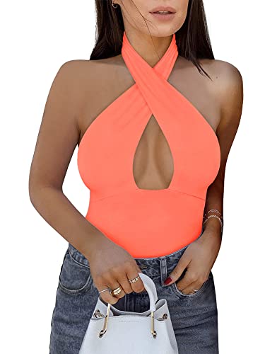 REORIA Women's Sexy Criss Cross Halter Neck Sleeveless Party Club Night Going Out Thong Bodysuits Tops Neon Pink X-Large