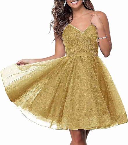 Wchecalino Gold Short V-Neck Tulle Homecoming Dresses Sparkly for Teens 2024 Spaghetti Straps Cocktail Prom Dresses 10