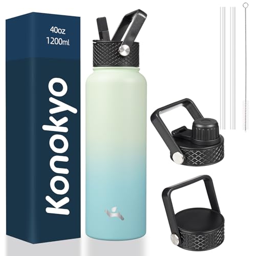 Konokyo Insulated Water Bottle with Straw,40oz 3 Lids Metal Bottles Stainless Steel Water Flask,Mint