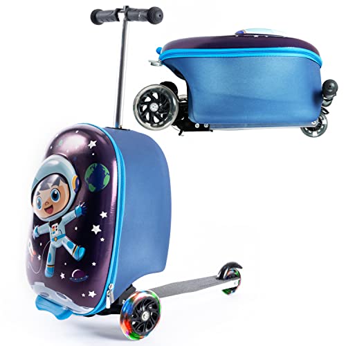 KIDDIETOTES 3-D Hardshell Ride On Suitcase Scooter for Kids -Cute Lightweight Kids Luggage with Wheels - Fun LED Lights