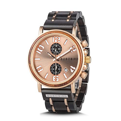 BOBO BIRD Men's Wood Watch Stainless Steel Luxury Brand Design Analog Quartz Wrist Watches Waterproof Date Timepieces (Gold)
