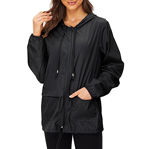 Rain Jackets Women Waterproof Packable Active Outdoor Jacket Hooded Lightweight Raincoat Black Medium