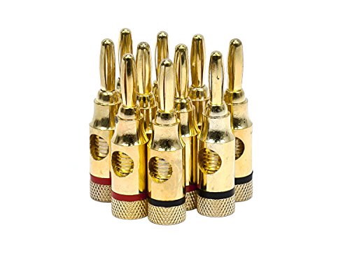 Monoprice 109437 5PRJX74047 Gold Plated Speaker Banana Plugs – 5 Pairs – Open Screw Type, For Speaker Wire, Home Theater, Wall Plates And More
