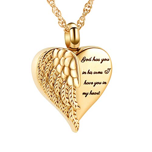 shajwo Cremation Jewelry Angel Wing Heart Urn Necklaces for Ashes Memorial Keepsake Pendant for Women Men,Gold