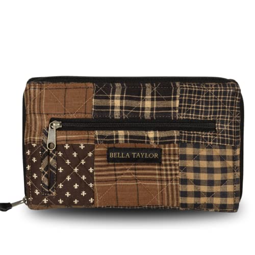 Bella Taylor Wrist Strap Wallet for Women | Multi Card Zip Around Wallet with RFID Protection and Wristlet Strap | Quilted Cotton Ironstone Black and Brown Patchwork