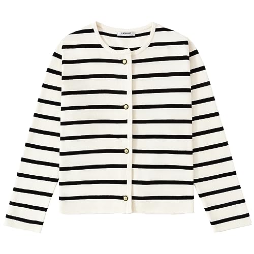 LATAHUO Women's Striped Cardigan Sweater Trendy Long Sleeve Button Down Crewneck Knit Cardigans(Black+White, Medium)