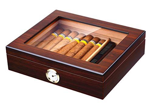 Bald Eagle Handmade Cigar Humidor, Cedar Cigar Desktop Box with Humidifier and Hygrometer, Glass Top for 25 Cigars (20-25 Cigars)