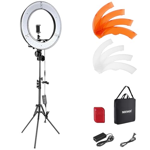 NEEWER Ring Light 18inch Kit: 55W 5600K Professional LED with Stand and Phone Holder, Soft Tube & Bag for Tattoo Lash Extension Barber Makeup Artist Studio Video Photography Lighting, RL-18