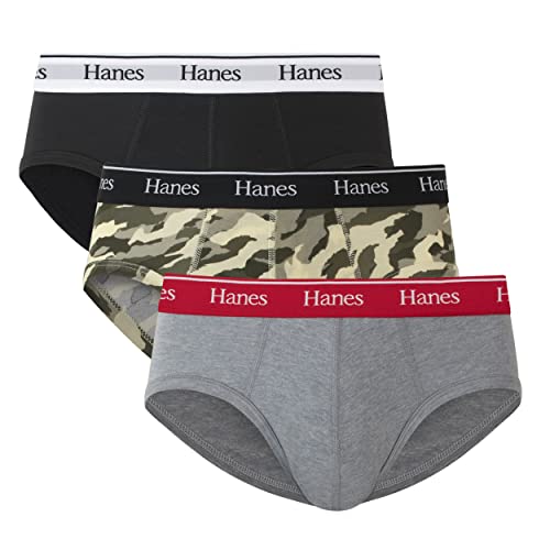 Hanes Originals Stretch Cotton Briefs Pack, Moisture-Wicking Underwear for Men, 3-Pack, Black/Concrete Heather/Camo, Large