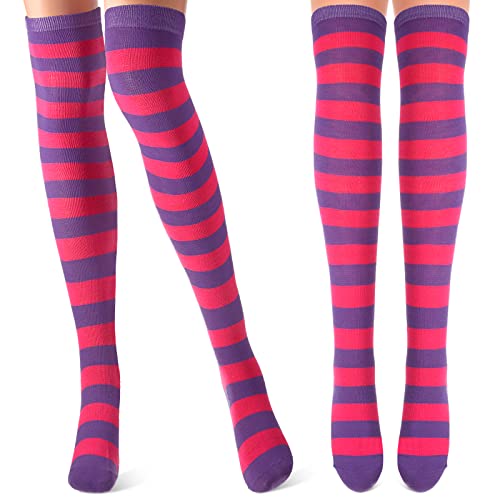Tatuo 2 Pair Women's Long Striped Socks Over Knee Thigh High Stockings for Carnival Party Halloween Christmas Cosplay(Purple, Pink)