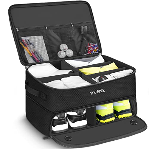 YOREPEK 2 Layer Golf Trunk Organizer, Water Resistant Car Golf Locker with Separate Ventilated Compartment for 2 Pair Shoes, Sturdy Golf Trunk Storage for Balls, Tees, Gloves, Accessories, Golf Gifts
