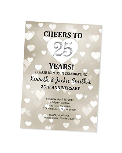 25th Wedding Anniversary Invitation, Hearts Bokeh 25th Anniversary Invitation, Silver Anniversary Invite, Cheers to 25 Years, Matte Finish