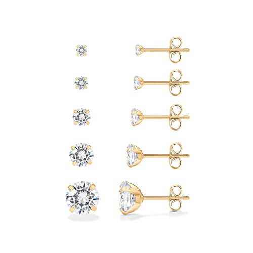 PAVOI 14K Yellow Gold Plated Five Pairs Stainless Steel Stud Earrings Set for Women | Hypoallergenic 5 Earrings Pack | Premium Cubic Zirconia Studs