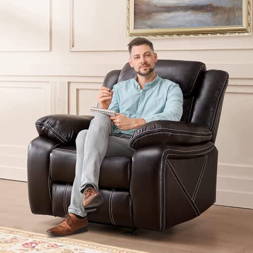 DAZONE Recliner Chair, Leather Recliner Lazy Boy Recliner Comfortable Home Theater Seating with Rocking Glider Recliner Chair for Living Room Reclining Rocker Single PU Faux Manual Recliner Brown