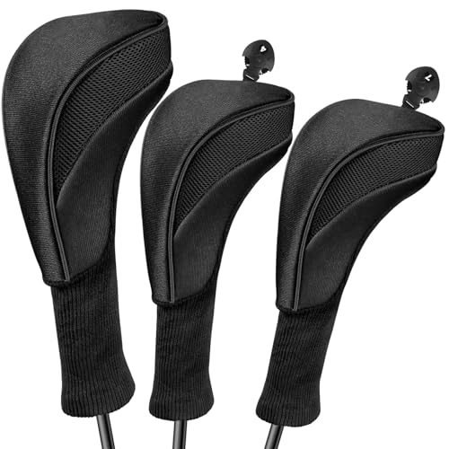 Golf Club Head Covers for Fairway Woods Driver Hybrids 3 Pieces Long Neck Mesh Sports Fan Golf Club Headcovers Set with Interchangeable No. Tags 3 4 5 6 7 X Golf Accessories for Men Women (Black)