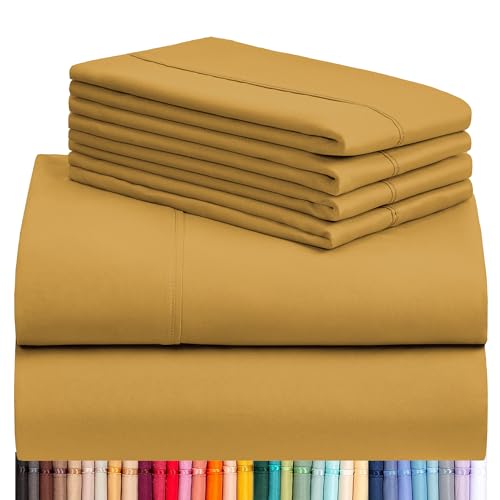 LuxClub 6 PC Queen Sheet Set, Breathable Luxury Bed Sheets, Deep Pockets 18' Eco Friendly Wrinkle Free Cooling Sheets Machine Washable Hotel Bedding Silky Soft - Medallion Gold Queen