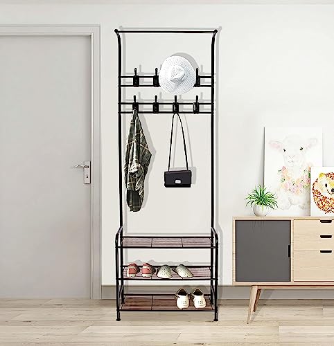 Bigzzia Coat and Shoe Rack Entryway, 3-in-1 Hall Tree with 3-Tier Shelf and 16 Removable Hooks, Coat Racks Free Standing for Clothes Shoe Hat Bag Umbrella, Black