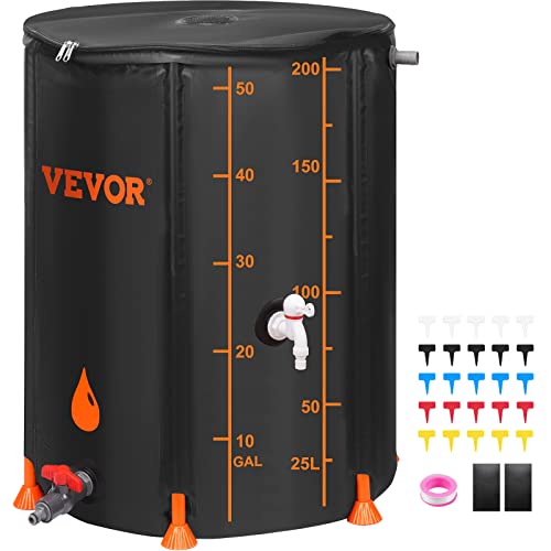 VEVOR 53 Gallon Collapsible Rain Barrel, Portable Rainwater Collection System Water Storage Tank for Garden Water Catcher,Rain Water Collection Barrel with Two Spigots and Overflow Kit,Black