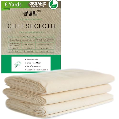 YJL Cheesecloth for Straining, 54 Sq Feet, 100% Cotton Grade 90 Unbleached Cheesecloth, Fine Cheesecloth | 6 Yards Cheese cloths for Cooking | Straining | Canning | Steaming and Reusable Cheesecloth