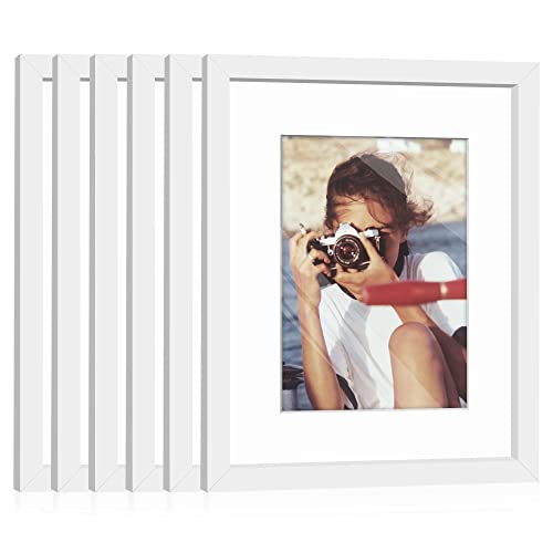HappyHapi 8x10 Picture Frame, 6 Pack Wood Photo Frame Display Pictures 5x7 with Mat or 8x10 Without Mat Multi Picture Frames Collage for Tabletop or Wall Display (White)