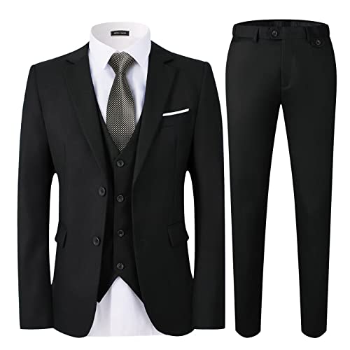 WEEN CHARM Men's Suits Slim Fit,3 Piece Suit for Men,2 Button Blazer Jacket Vest Pants with Tie,Men Tuxedo Suit Set Black