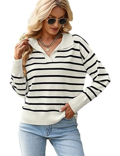 BQDCQB Women Striped Sweater Polo V Neck Long Sleeve Loose Sweater Knit Pullover Jumper Tops Black L