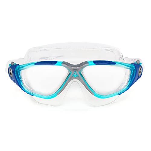 Aqua Sphere Vista Adult Unisex Swim Goggles - OneTouch Custom Fit, Wide Peripheral Vision - Durable Mask for Active Open Water Swimmers - Clear Lens, Turquoise/Blue Frame