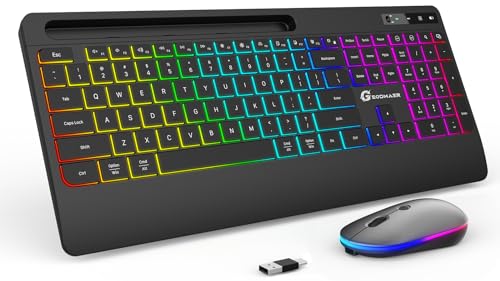 GEODMAER Wireless Keyboard and Mouse Combo with Phone Holder, Wrist Rest, Silent Rechargeable Backlit Full Size Ergonomic Keyboard and Mouse Wireless, Light Up Keyboard and Mouse for PC Mac