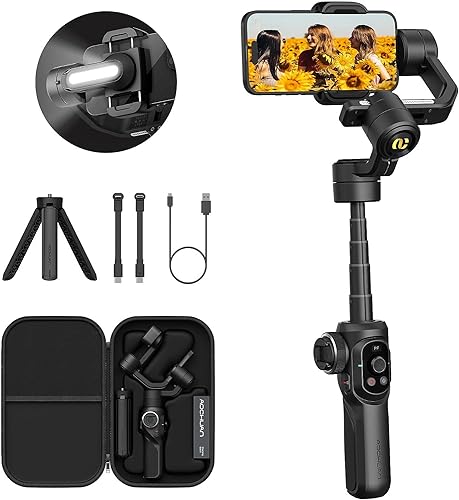 AOCHUAN Smart S2 Phone Gimbal Stabilizer Professional Industry-Standard 3-Axis Gimble w/Extendable Rod Fill Light Gimbal for iPhone&Android,Vlogging TikTok YouTube Video Recording