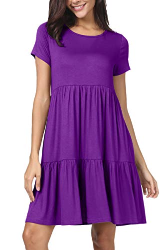 levaca Women Summer O Neck Ruffle Pleated Loose Casual T-Shirt Dress Purple L